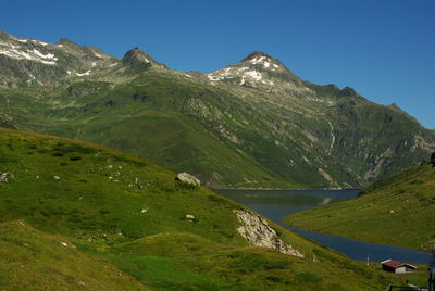 Scenic view of lake and mountains against sky