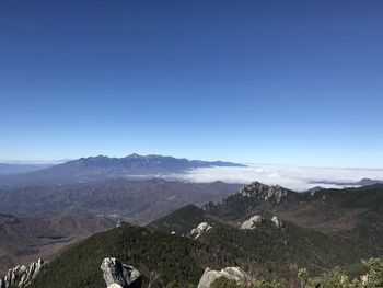 Scenic view of mountains against clear blue sky