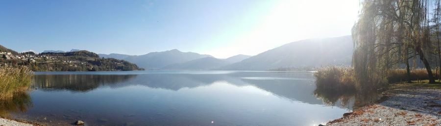 Scenic view of lake and mountains against clear sky