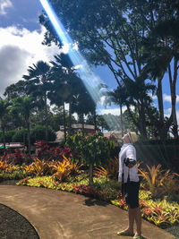 Sunlight falling on man in park