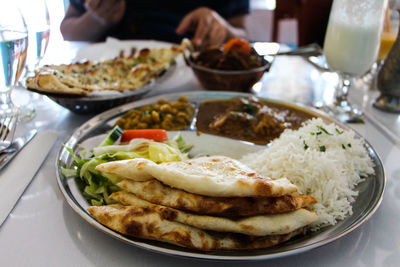 High angle view of food served in plate on table