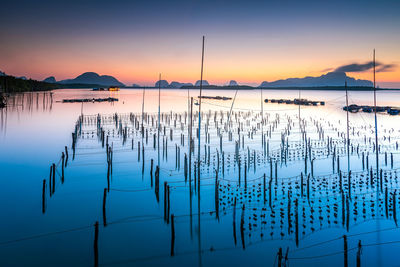 Scenic view of lake against sky at sunset