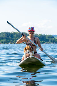 Adult woman on paddle board with male beagle, wallersee, austria.