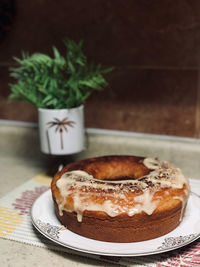 Close-up of cake served on table