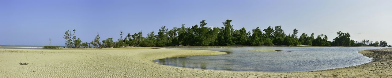 Scenic view of beach against clear blue sky