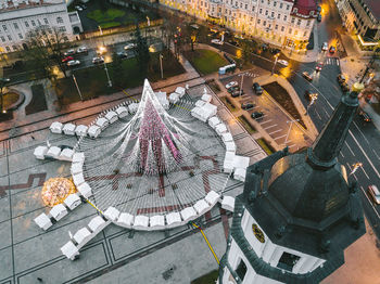 High angle view of illuminated cityscape at night