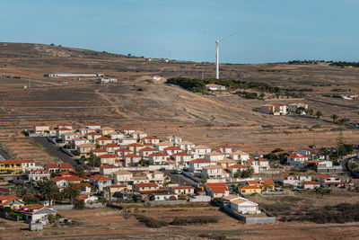 High angle view of buildings against sky