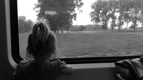 Rear view of girl with ponytail looking at trees through train window