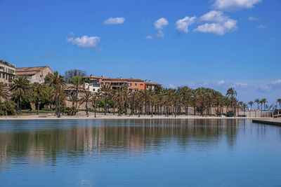 Palm trees growing at canal waterside by buildings against blue sky in old town