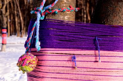 Close-up of multi colored decorations hanging on wood