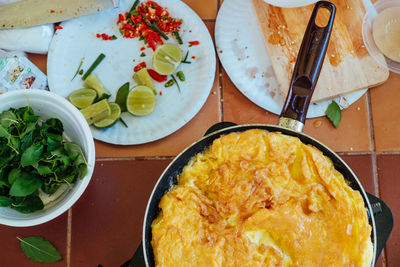 Close-up of fried eggs served on table