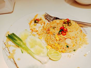 High angle view of breakfast served on table