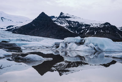 Scenic view of lake by mountains against sky during winter