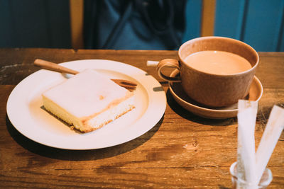 High angle view of breakfast served on table