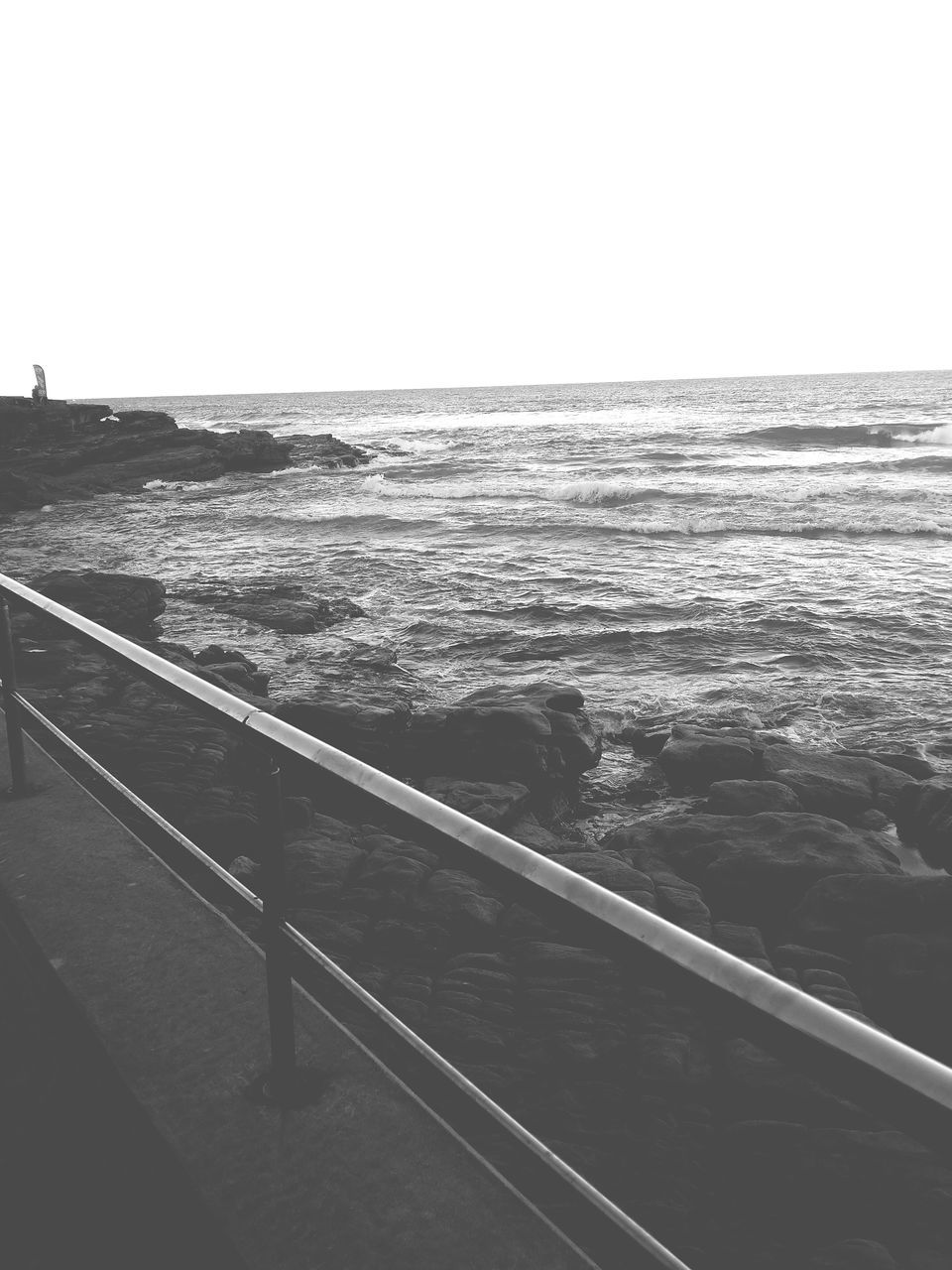 sea, horizon over water, clear sky, water, copy space, tranquil scene, tranquility, scenics, beauty in nature, nature, beach, transportation, sky, shore, idyllic, railing, coastline, outdoors, day, high angle view