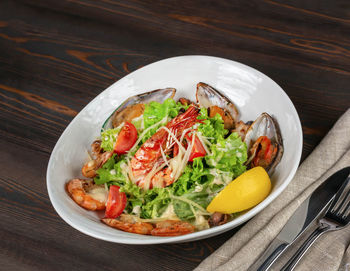 High angle view of meal served on table