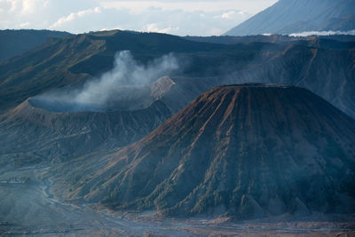 Smoke emitting from volcanic mountain in mount bromo indonesia