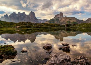 Scenic view of lake and mountains against sky