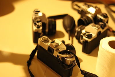 Close-up of camera on table
