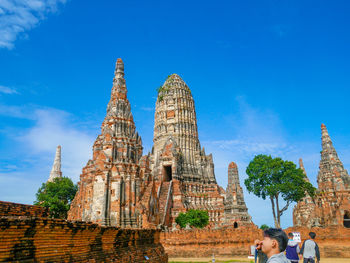 Low angle view of temple building against blue sky