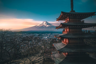 Shrine in city against snowcapped mt fuji during sunset