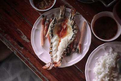 High angle view of meal served on table