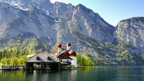 View of a lake with mountain range in the background