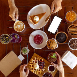 High angle view of people having food