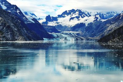 Scenic view of lake and snowcapped mountains