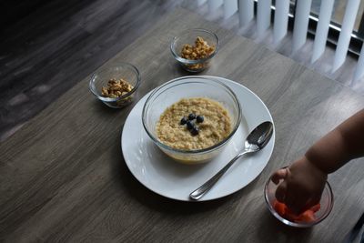 High angle view of breakfast served on table