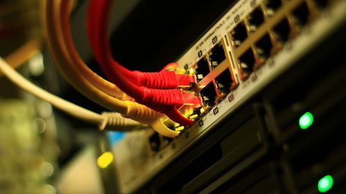 Close-up of cables on sound mixer in studio