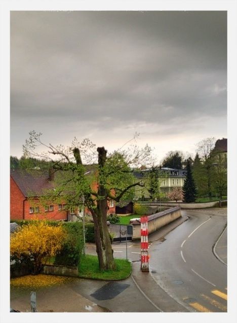 transfer print, auto post production filter, sky, transportation, tree, road, cloud - sky, street, car, road marking, building exterior, land vehicle, cloudy, built structure, architecture, city, cloud, road sign, outdoors, mode of transport