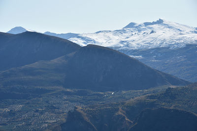 Scenic view of snowcapped mountains against sky