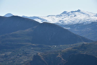 Scenic view of snowcapped mountains against sky