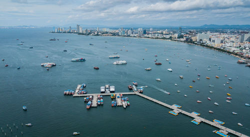 Aerial view of boats moored in sea