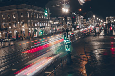 High angle view of illuminated city street at night