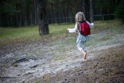 Rear view of girl walking in forest