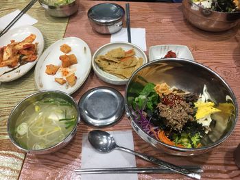 High angle view of meal served on table