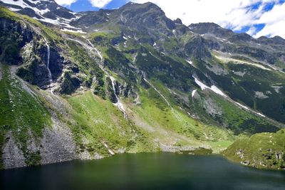 Scenic view of lake amidst mountains against sky