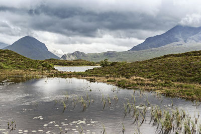 Scenic view of lake against cloudy sky