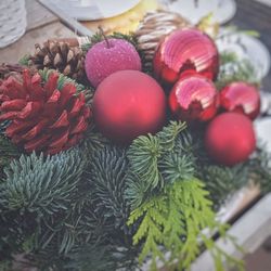 High angle view of christmas decorations