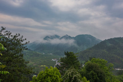 Scenic view of trees and mountains against sky