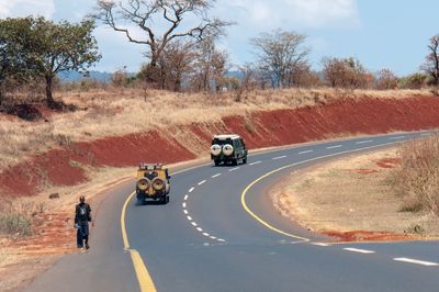 Vehicles on road by trees against sky