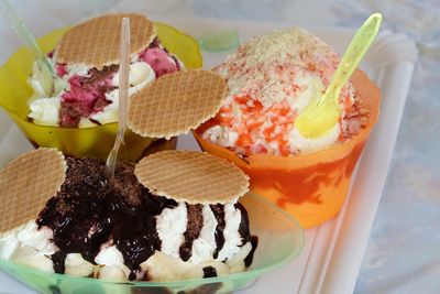 High angle view on desserts in tray