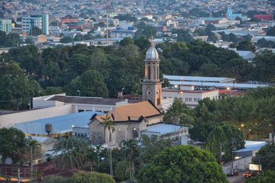 High angle view of buildings in town