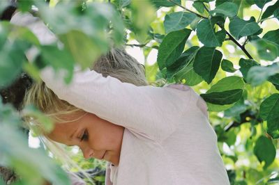 Close-up of girl climbing tree in forest