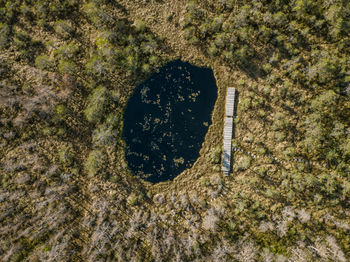 High angle view of pond amidst field