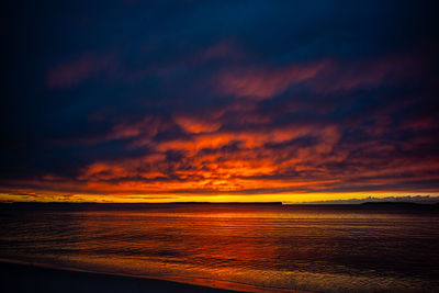 Scenic view of sea against dramatic sky during sunset