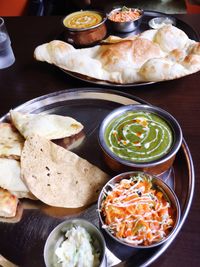 High angle view of food served on table