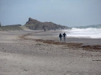 Rear view of people walking on beach